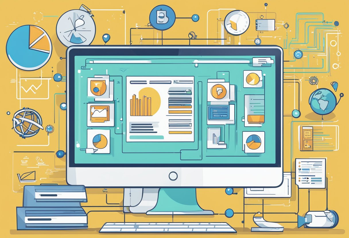 A computer screen with "Backlinks Directorio SEO: 50 Conceptos SEO" displayed. SEO-related icons and graphs surround the screen