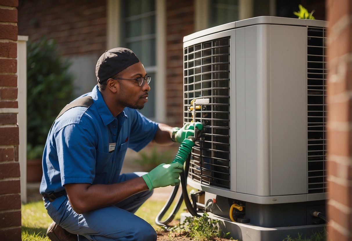 A technician inspecting and cleaning HVAC units in a residential property in Atlanta, ensuring proper maintenance for efficient operation