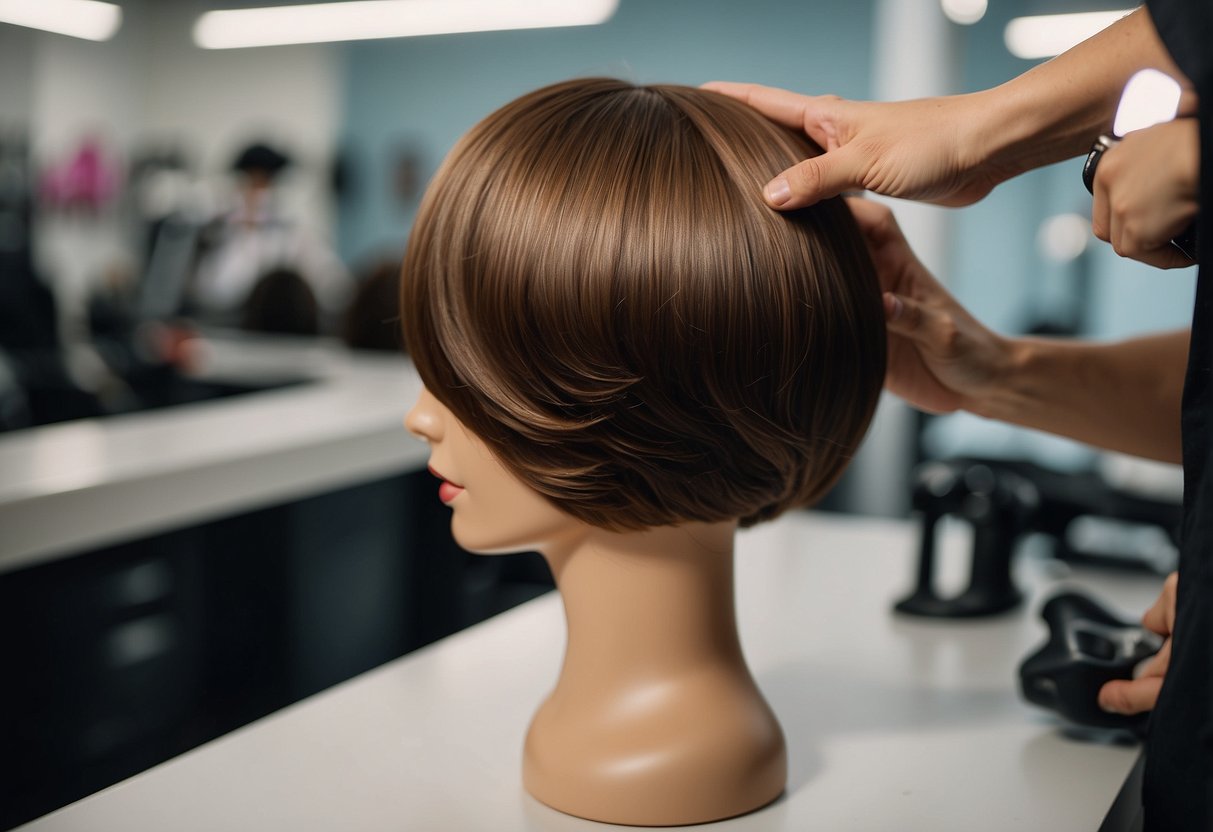 A hand adjusts a wig on a mannequin head. Steps are shown in a sequence, indicating how to properly adjust the wig to prevent it from slipping