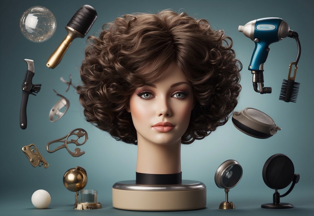 A wig floating in the air, with a puzzled expression on its face. It is surrounded by various tools and products for maintenance and preservation