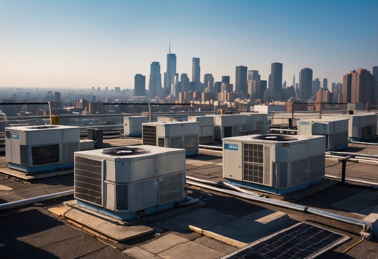 A city skyline with HVAC units on rooftops, emitting clean air. A contrast of clear blue skies and smoggy air