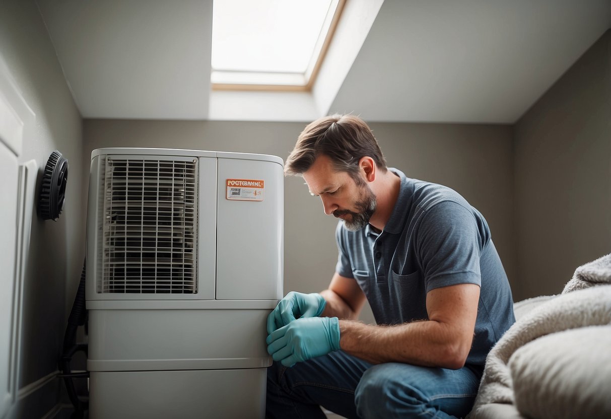 A homeowner examines HVAC unit, changing filters and cleaning vents. Tools and manual nearby. Bright, clean space with natural light