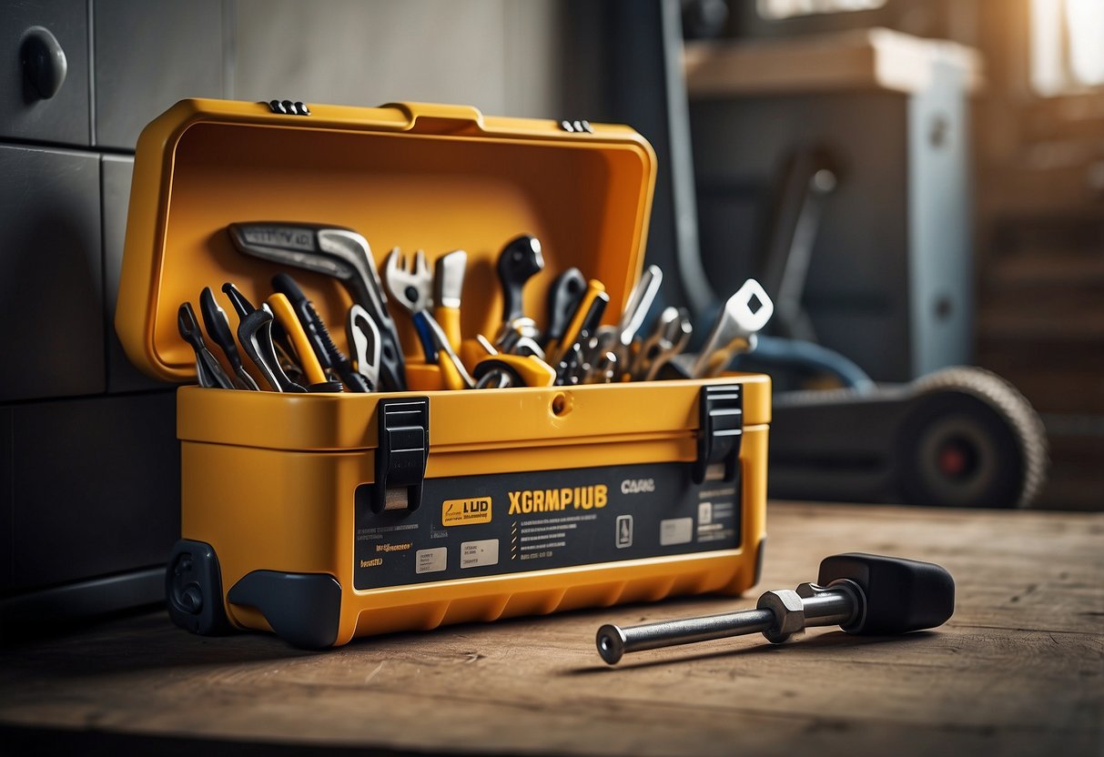 A toolbox sits open on the floor, filled with wrenches, screwdrivers, and other essential tools. A ladder leans against the wall, ready for use. A thermostat and air filter are visible nearby