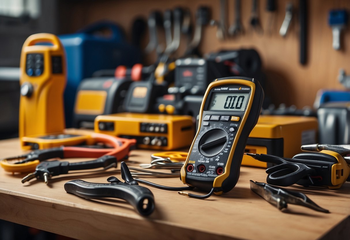 Tools laid out on a workbench: screwdriver, wrench, pliers, multimeter. HVAC unit in background, with open panel for maintenance