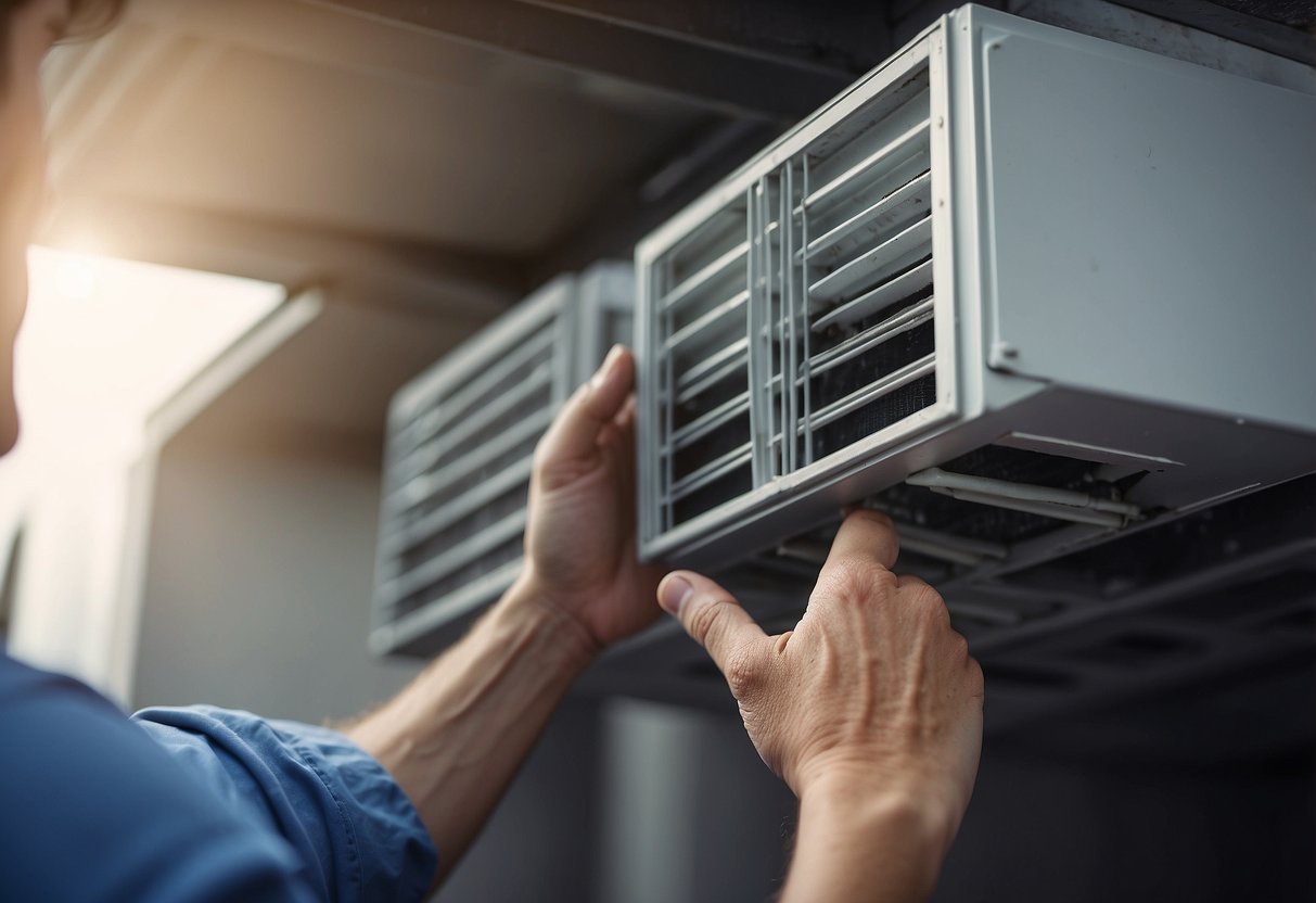 A hand reaches for the HVAC unit, removing the old air filter and replacing it with a new one. The process is shown step by step in a clear and easy-to-follow manner