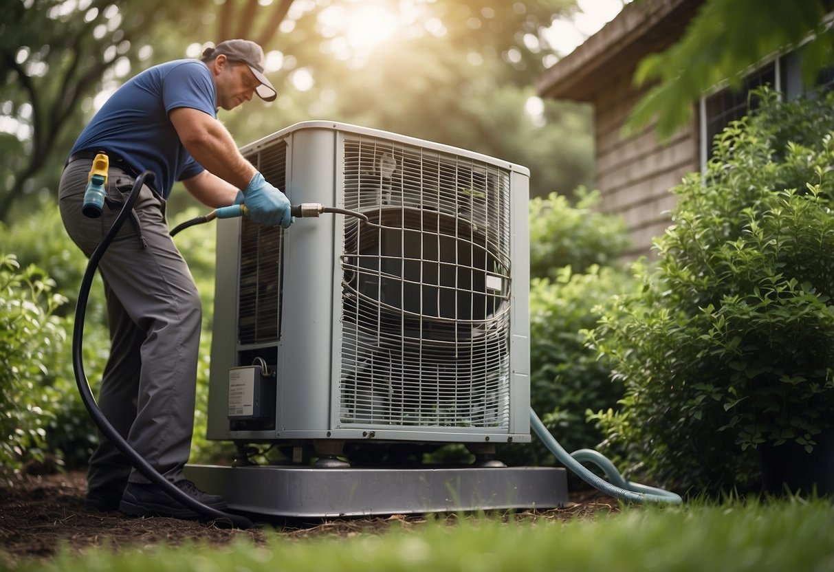 The outdoor HVAC unit sits in a grassy yard, surrounded by bushes and trees. A person is cleaning the unit with a hose and brush, removing dirt and debris