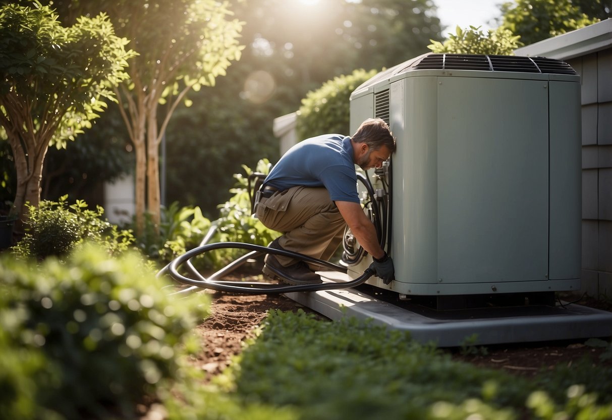 A person is cleaning the outdoor HVAC unit with a hose and brush, removing dirt and debris. The unit is surrounded by greenery and the sun is shining