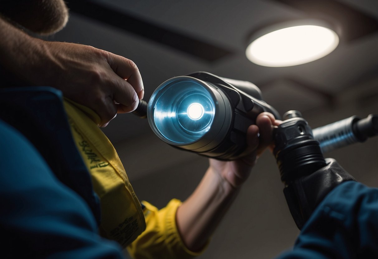 A person inspects and seals air ducts using a flashlight and duct tape. Tools and HVAC system visible