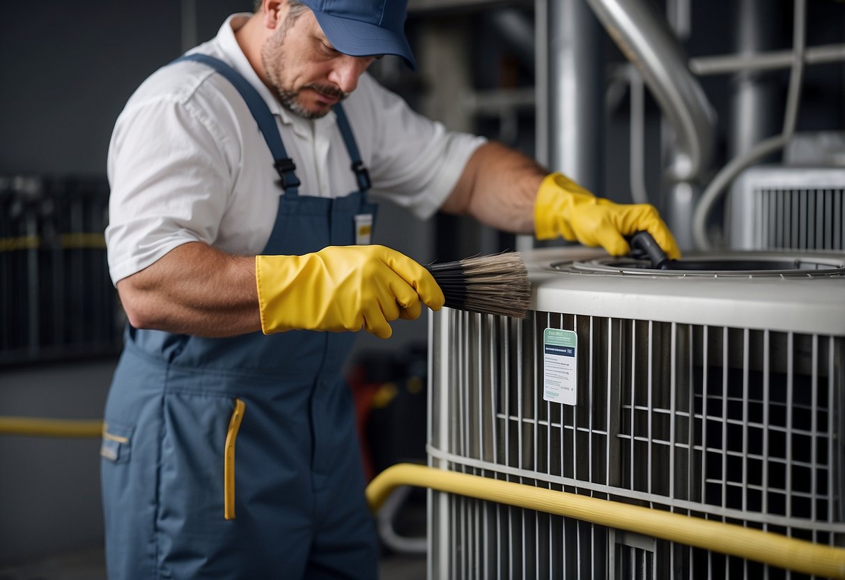 A technician cleans HVAC coils with a brush and cleaning solution, removing dirt and debris for improved system performance