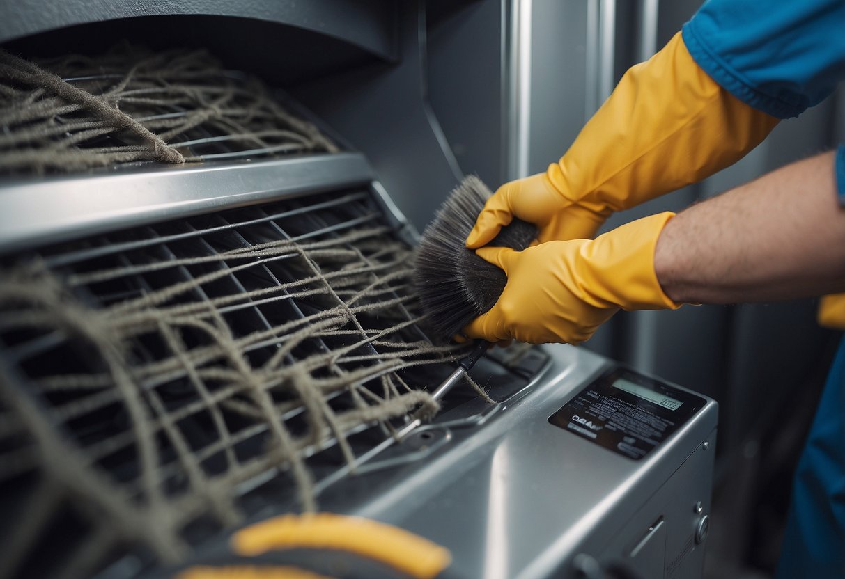 A person using a brush and vacuum to clean HVAC coils on a unit. Dust and debris being removed, showing importance of regular maintenance