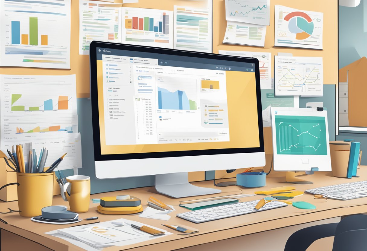 A computer screen displaying KWFinder and 12 SEO tools, surrounded by office supplies and a notepad with keyword research notes