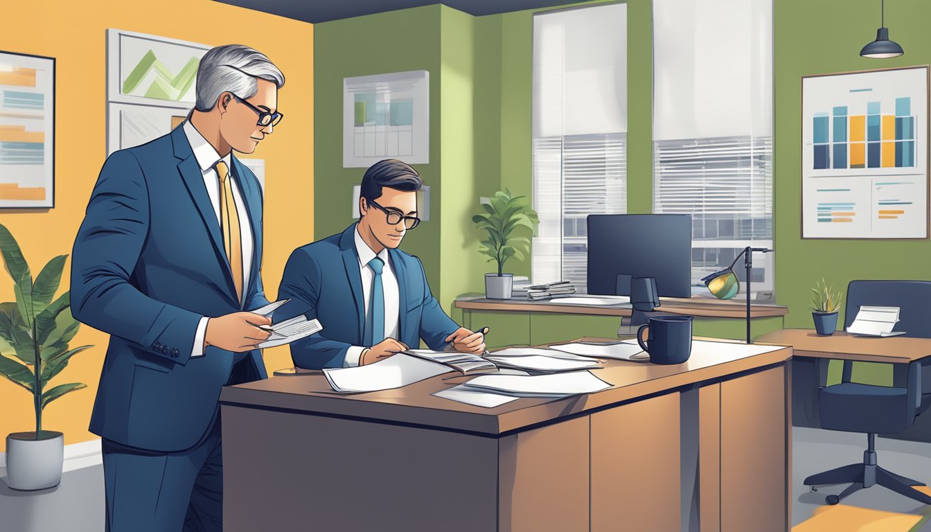 A modern office setting with a banker and a small business owner discussing loan terms and reviewing financial documents