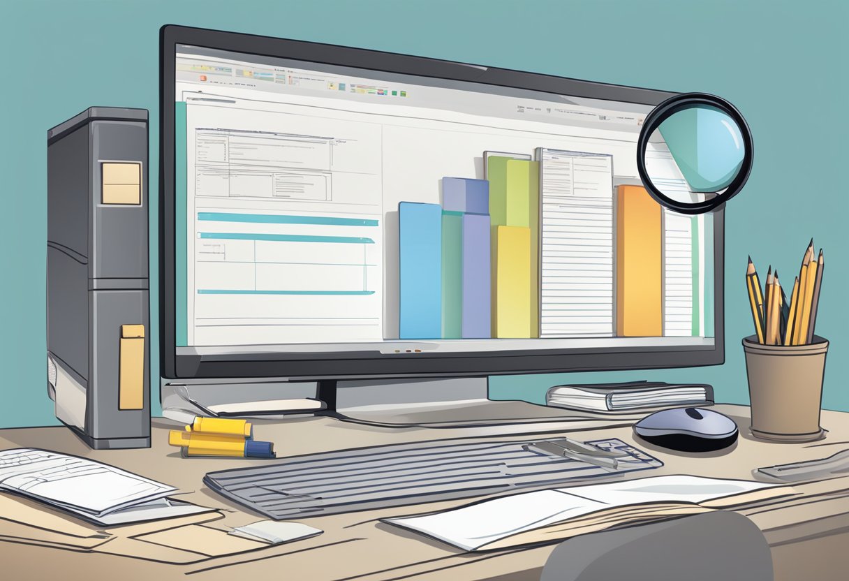 A desk with a computer, a stack of papers, a magnifying glass, a pencil, and a ruler. The computer screen displays a list of indexed items