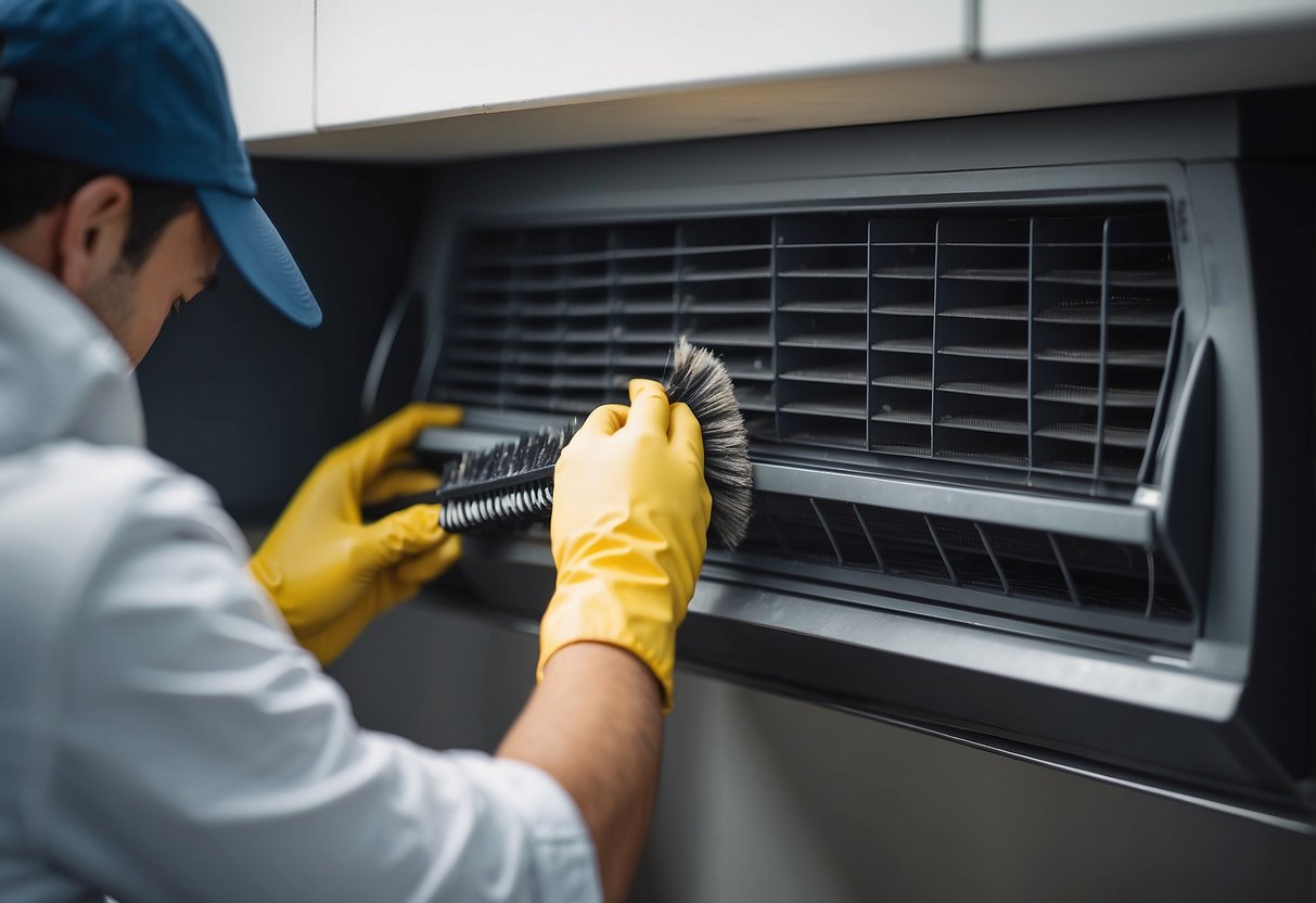 A person inspects and cleans HVAC vents and registers with a vacuum and brush, removing dust and debris for maintenance