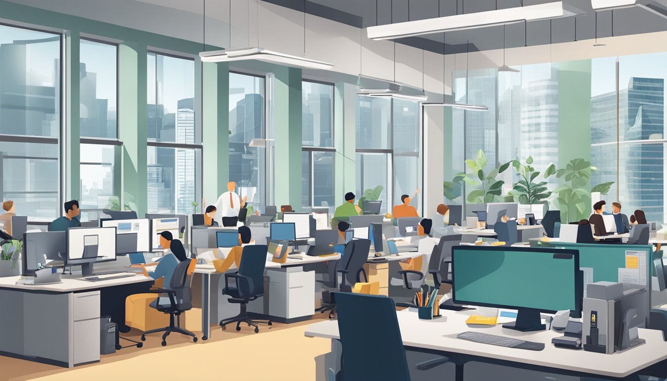 A bustling office with employees working at their desks, a DBS SME Working Capital Loan poster displayed prominently on the wall