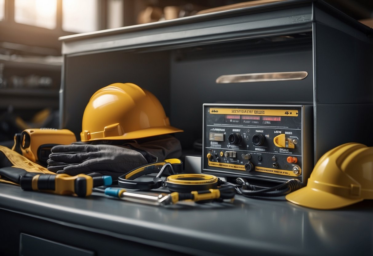 A toolbox sits open next to an HVAC unit. Safety goggles, gloves, and a face mask are laid out on a clean work surface. A checklist of safety guidelines is pinned to the wall