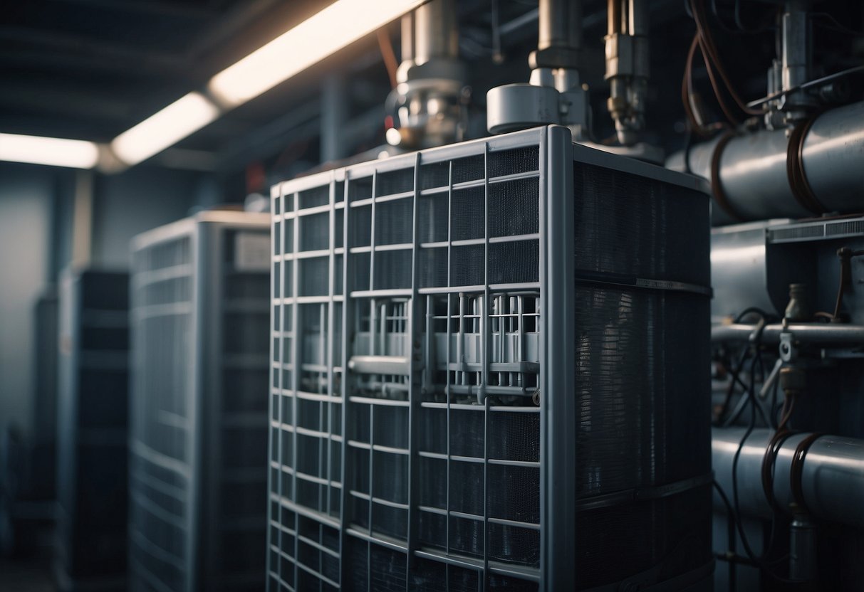 HVAC system with dripping water, flickering lights, and rattling vents. Dusty air filters, frozen coils, and strange odors. Uneven heating and cooling, and unusual noises