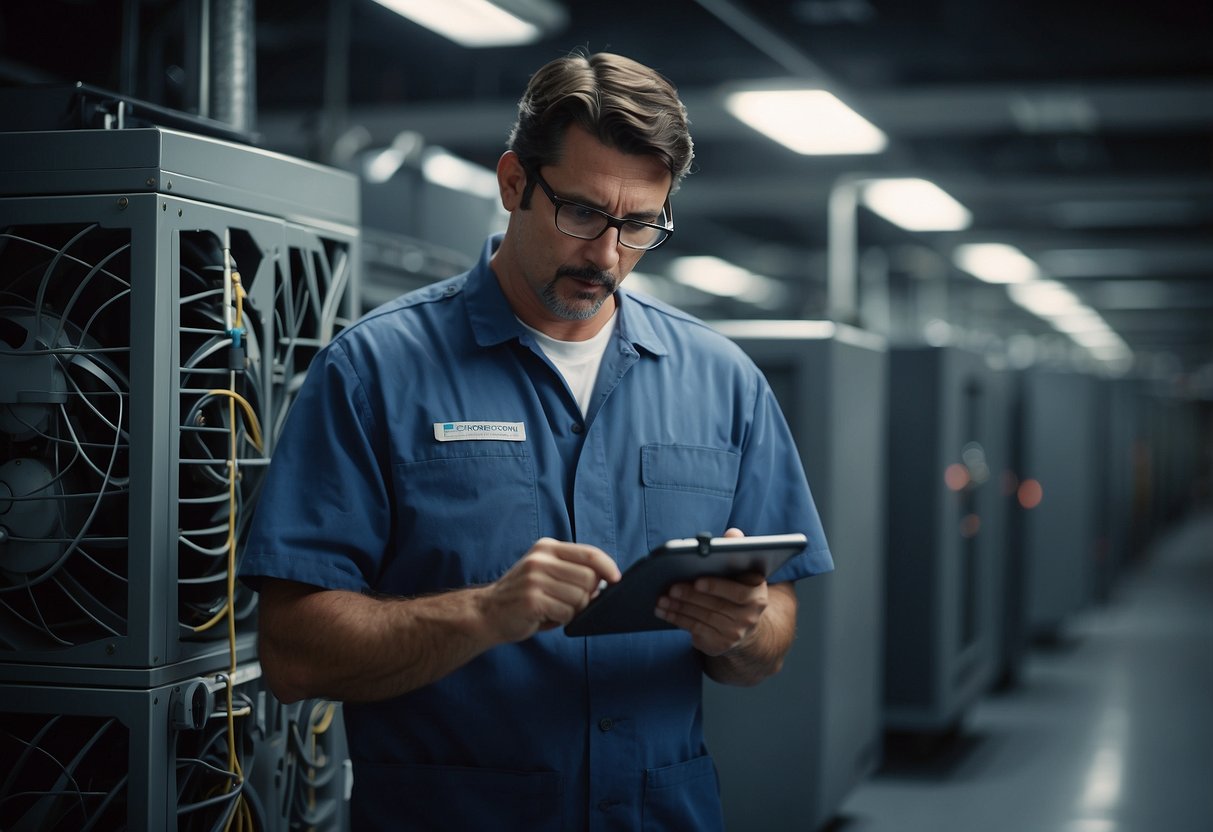 A technician inspects a malfunctioning HVAC system, checking for leaks, loose connections, and unusual noises. The system is surrounded by ductwork, vents, and control panels