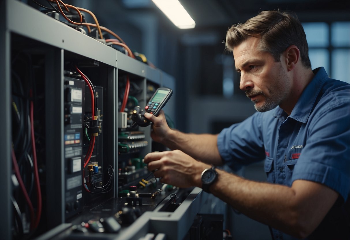 An HVAC technician inspecting a malfunctioning system with diagnostic tools, then making corrective adjustments based on the findings