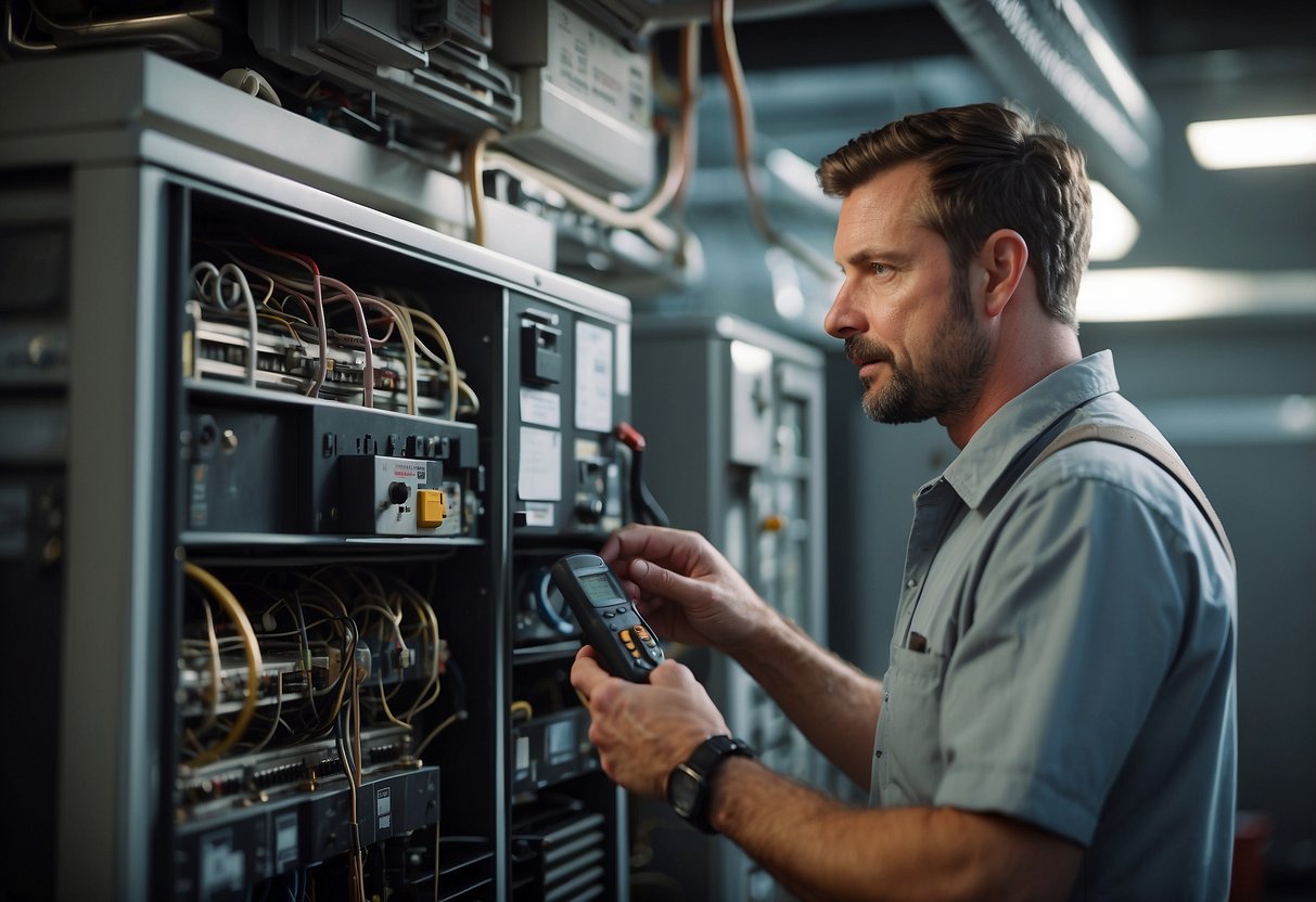 HVAC system being inspected and maintained by a technician to prevent malfunction. Tools and equipment scattered around the unit