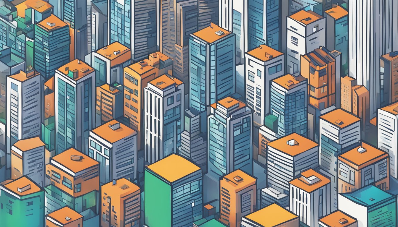 A vibrant city skyline with DBS bank logo prominently displayed, surrounded by bustling small businesses and a sense of growth and success