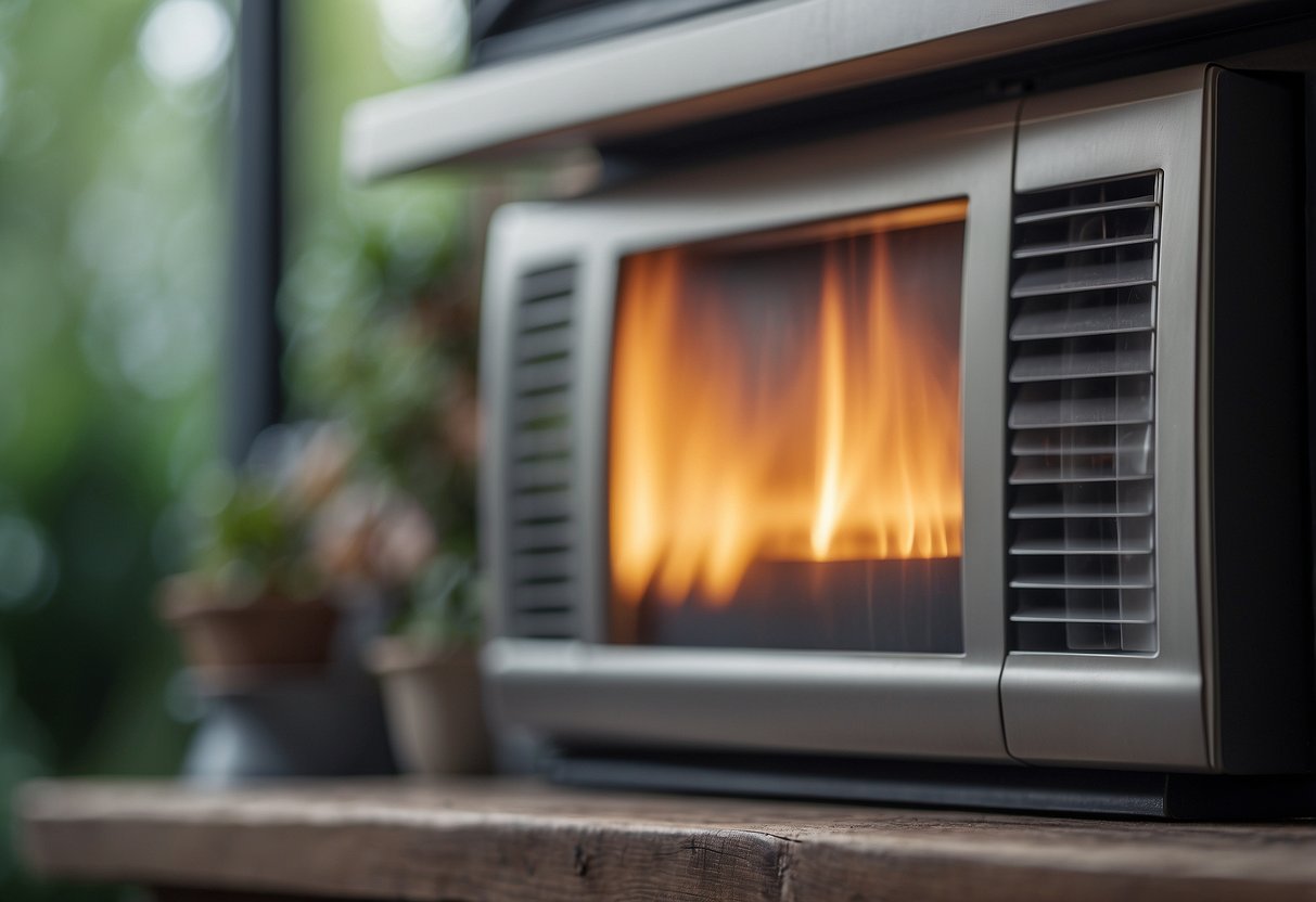 A house with a malfunctioning HVAC system: vents blowing cold air, thermostat showing incorrect temperature, and a faint burning smell in the air