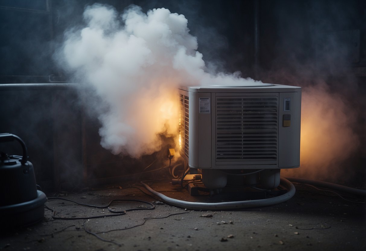 A broken HVAC system with flickering warning lights, leaking pipes, and a cloud of steam. Dust and debris accumulate around the malfunctioning unit