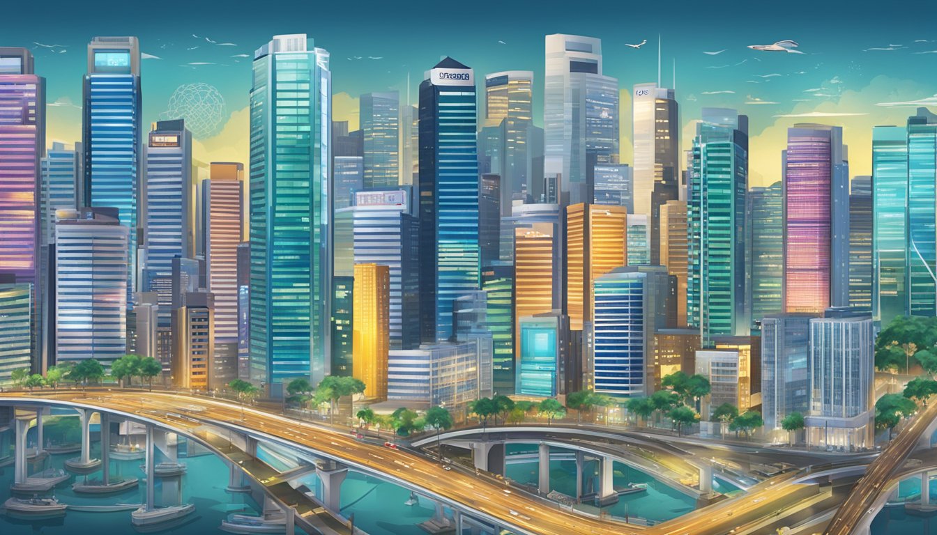 A bustling cityscape with multiple banks and financial institutions, each with their own unique signage and branding, showcasing the competitive landscape for SME working capital loans in Singapore