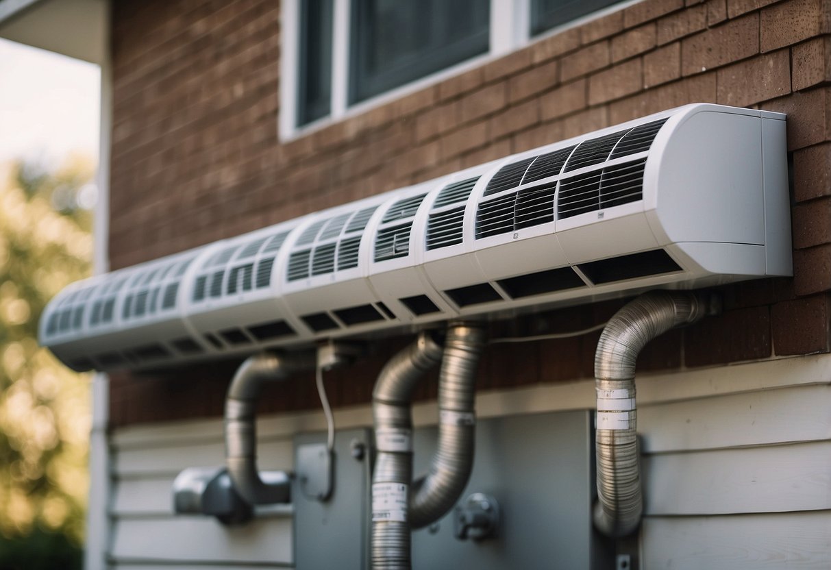 A house with a central HVAC system, showing vents, thermostat, and air ducts. Signs of malfunction, such as leaks or strange noises, are evident