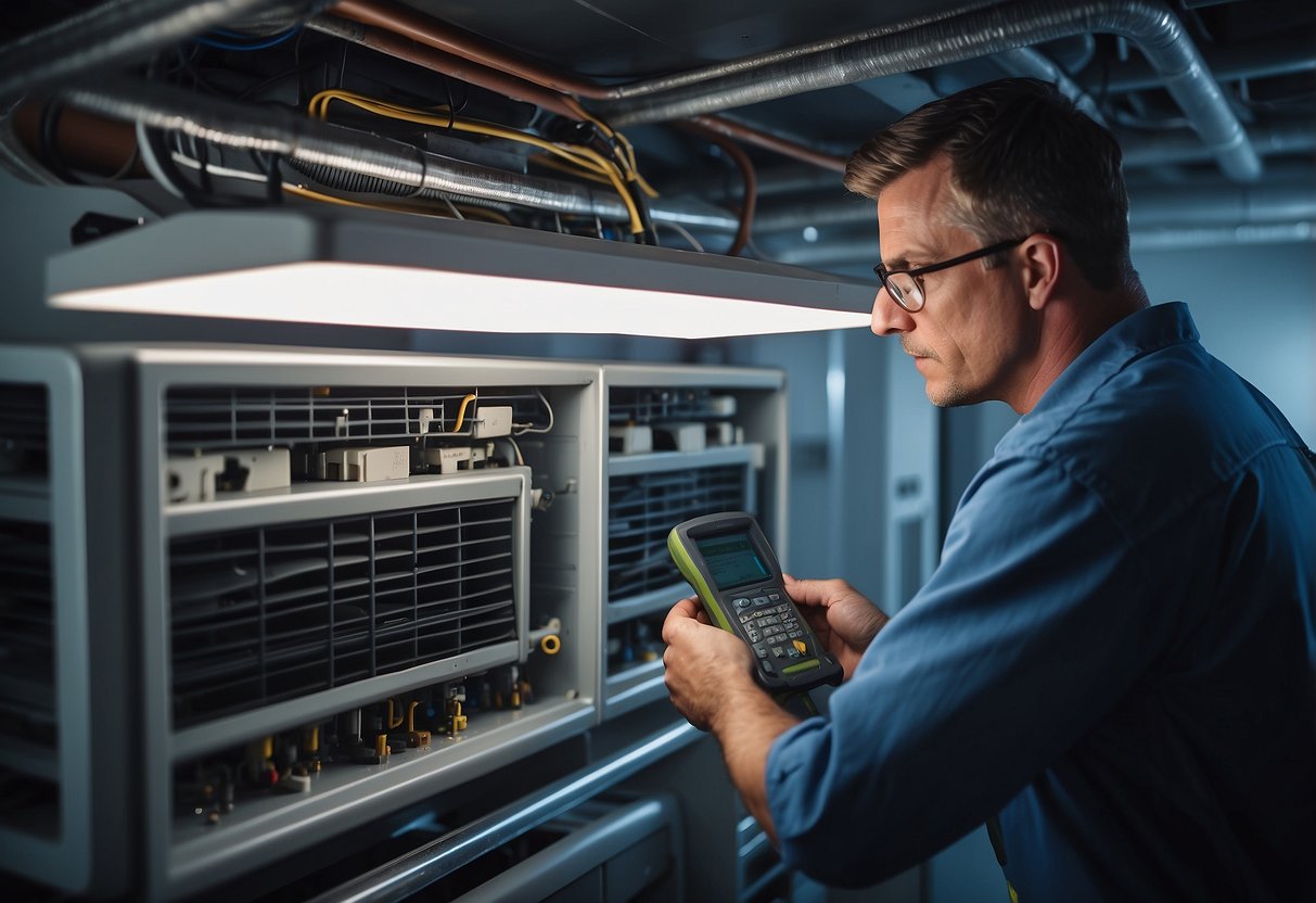 A technician inspects HVAC system with tools and equipment. They identify malfunction and document findings for repair