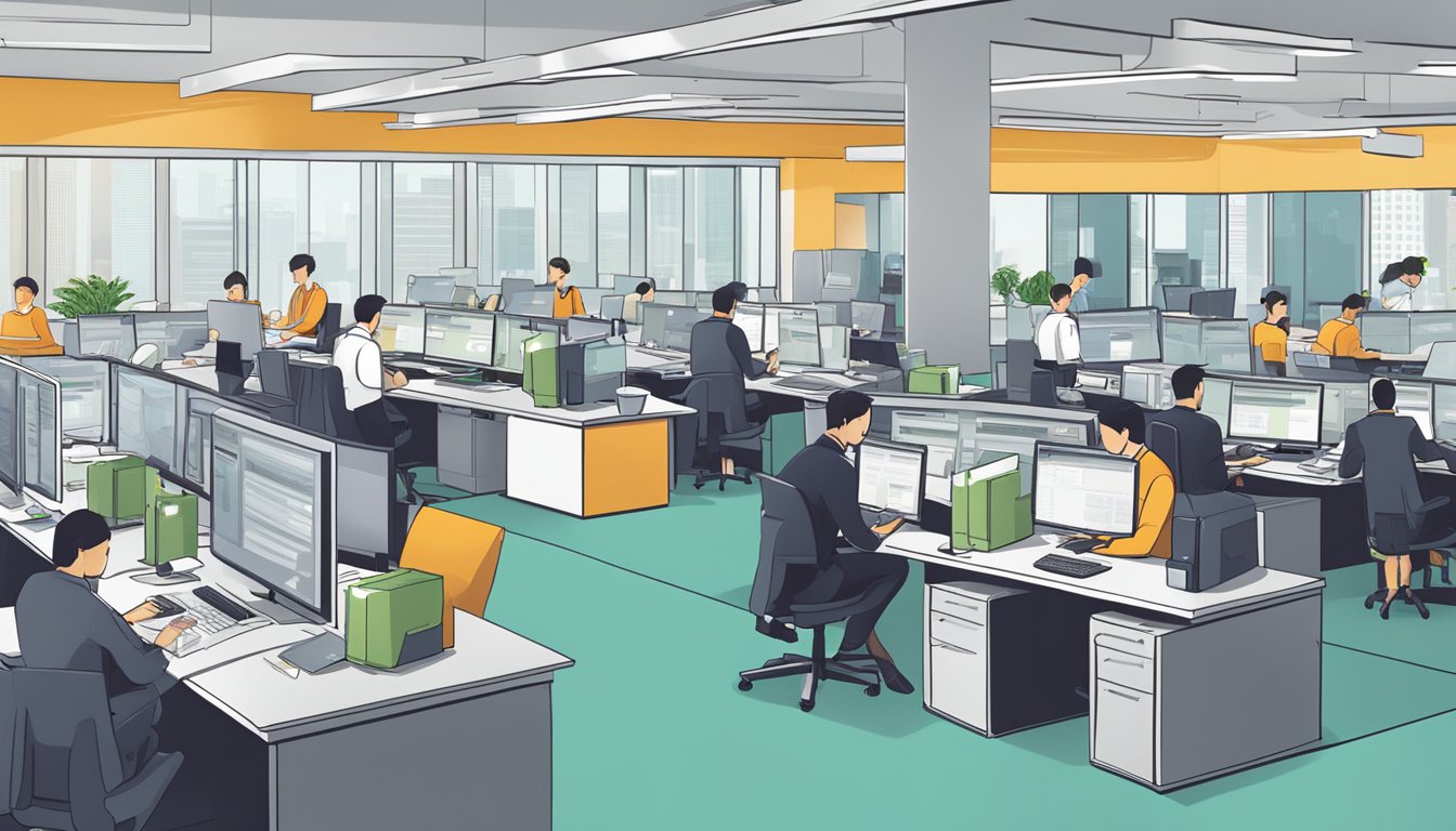 A busy office with employees processing paperwork, computers, and a sign displaying "DBS SME Working Capital Loan SG Review."