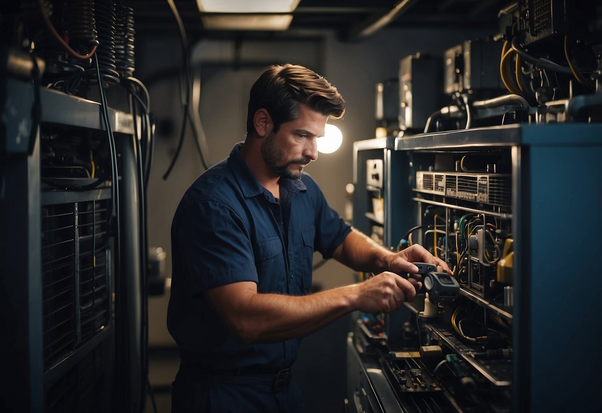 A technician troubleshoots HVAC unit with tools and equipment in a dimly lit mechanical room