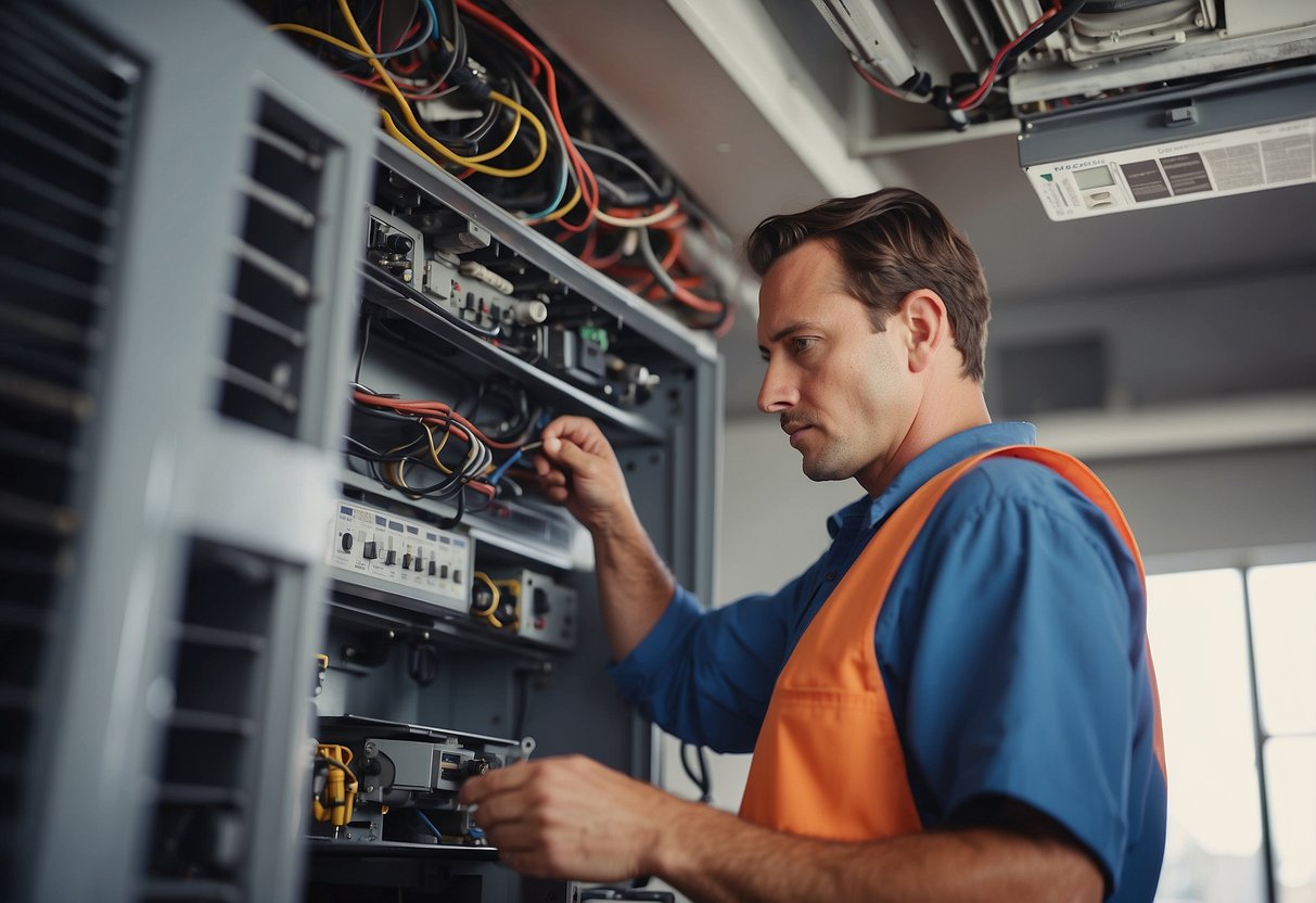 A technician repairing a malfunctioning HVAC system in a commercial building, surrounded by tools and equipment