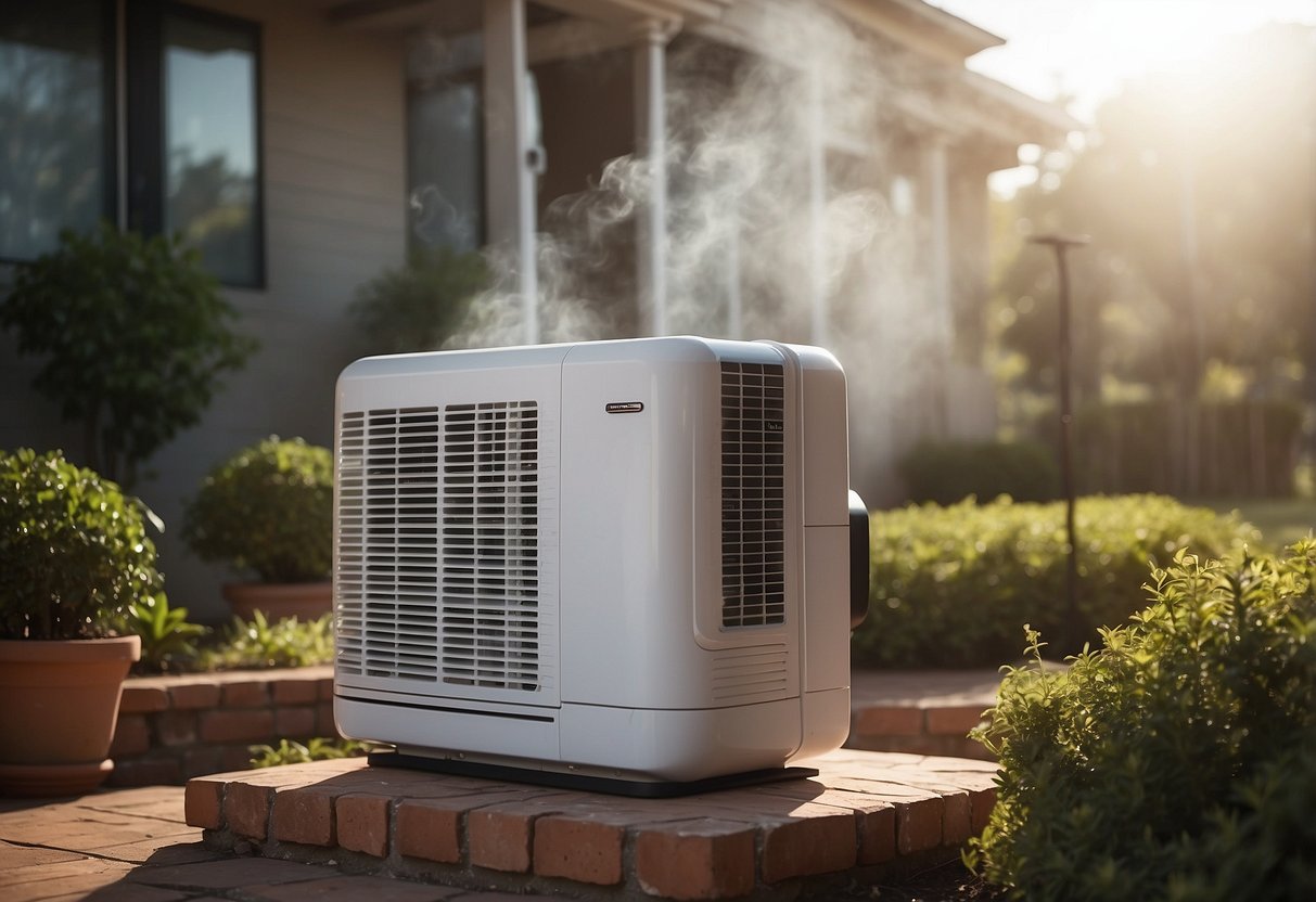 A home with a malfunctioning HVAC system: vents blowing weakly, thermostat displaying error codes, and a faint burning smell in the air