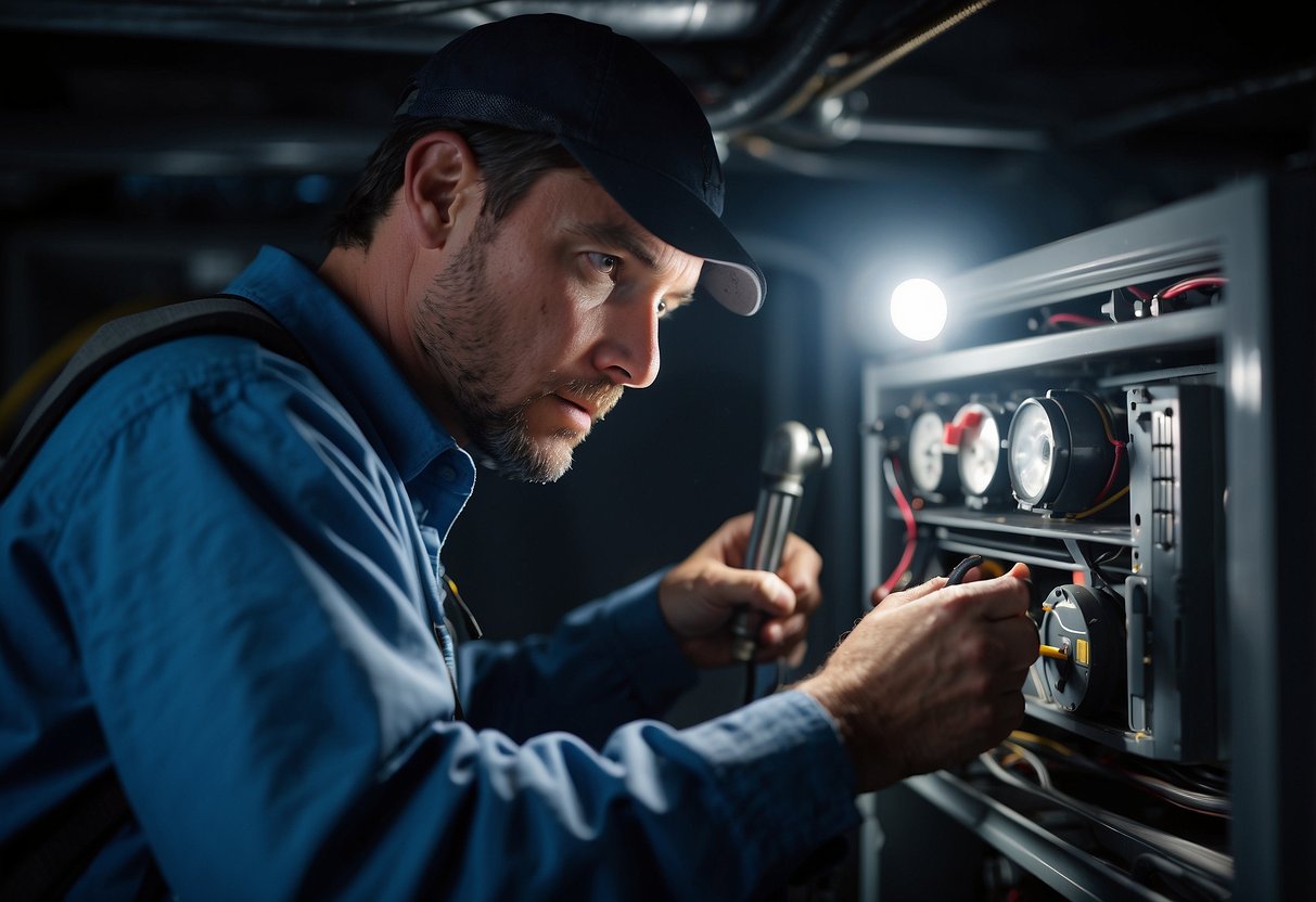 A technician inspects an HVAC system with a flashlight, checking for signs of wear, leaks, or unusual noises. Tools and diagnostic equipment are scattered nearby