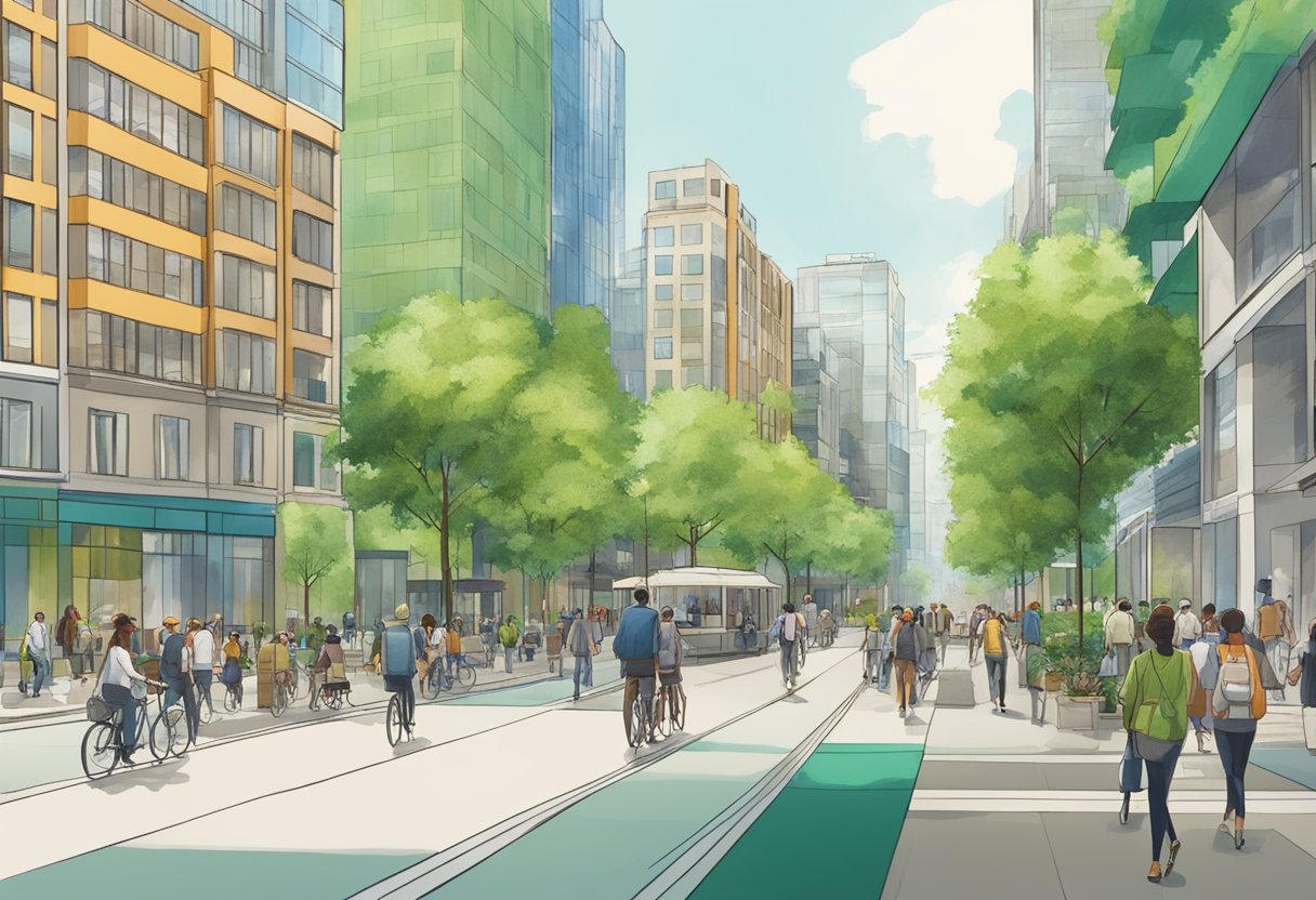 A bustling city street with modern buildings, green spaces, and people walking and biking