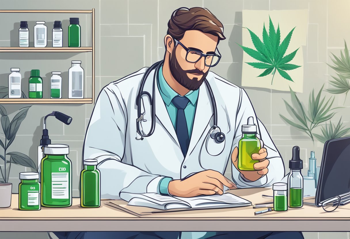 A doctor in a lab coat holds a bottle of CBD oil, surrounded by medical equipment and research papers