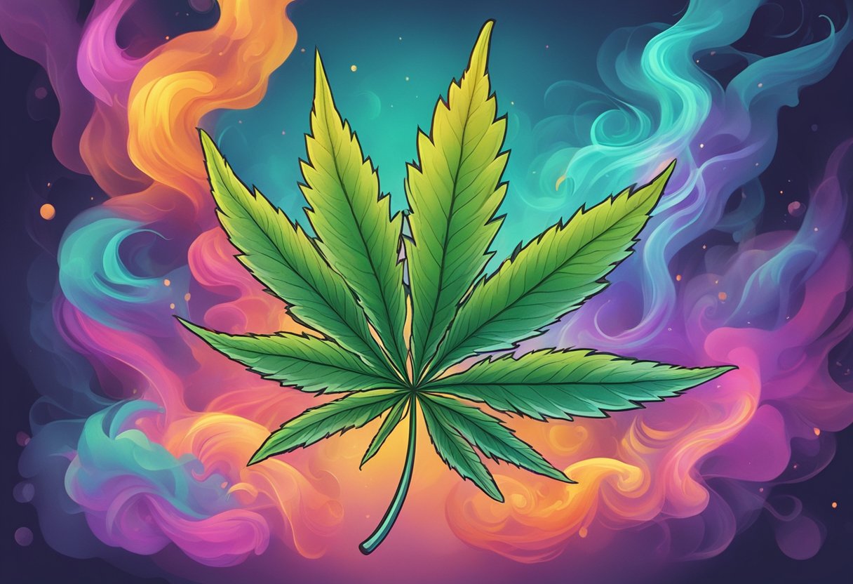 A cannabis leaf surrounded by swirling smoke and vibrant colors