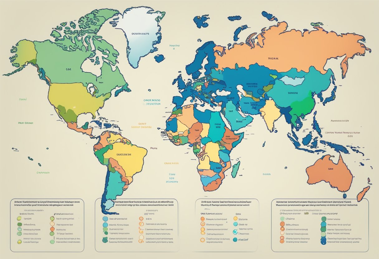 A world map with varying legal statuses for THC highlighted in different colors