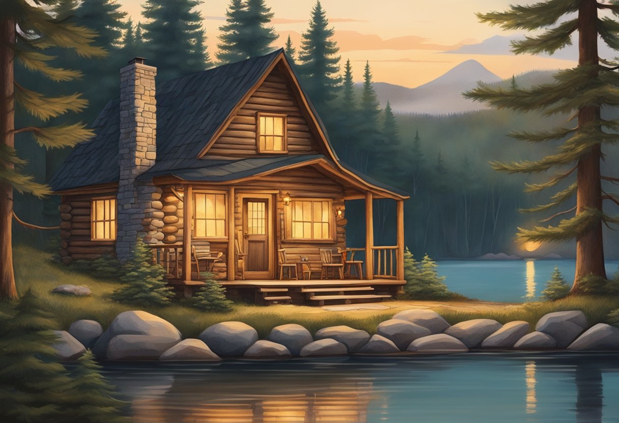 A rustic cabin nestled in the Maine woods, surrounded by towering pines and a tranquil lake. A cozy fire burns inside, casting a warm glow on the handcrafted furniture and vintage decor