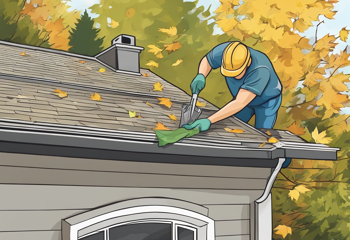 A person using a long-handled tool to remove leaves and debris from a gutter on a residential home in Vancouver, WA