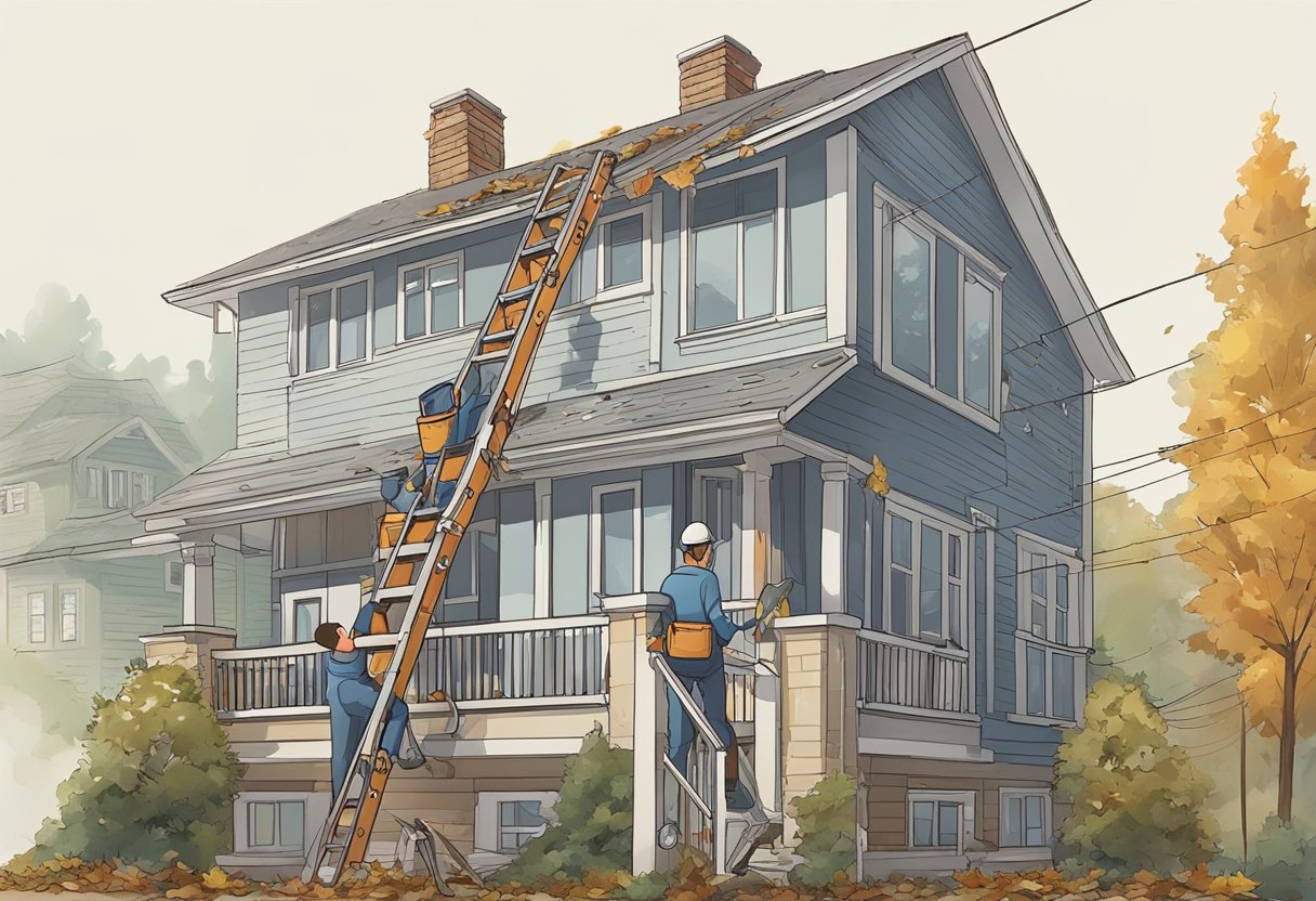 A ladder leaning against a house, with a person cleaning out the gutters. Leaves and debris are being removed, emphasizing the importance of gutter cleaning in Vancouver, WA