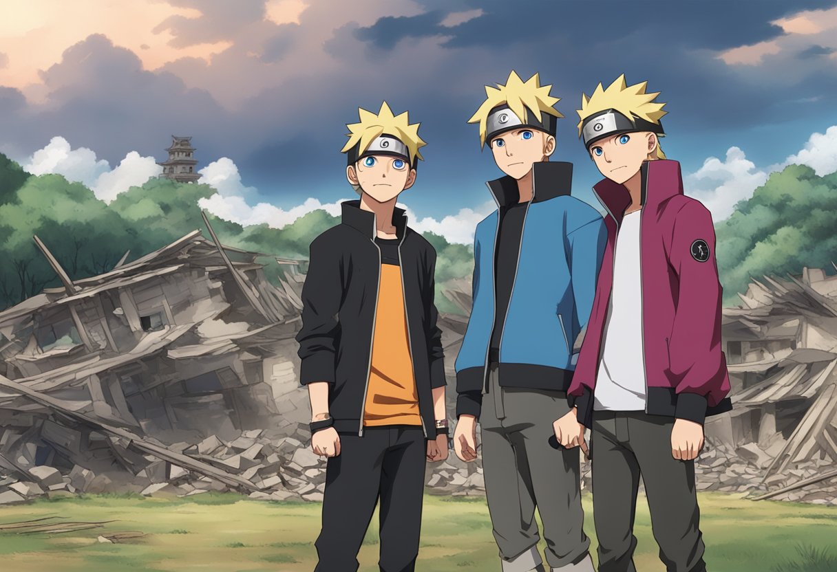 Boruto and Kawaki stand in front of a destroyed village, with a defeated Naruto in the background