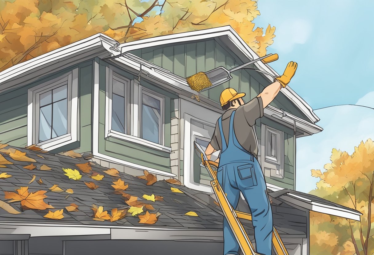 A ladder leaning against a house, with a person cleaning out the gutters. Leaves and debris are being removed from the gutters, with a bucket and scoop nearby