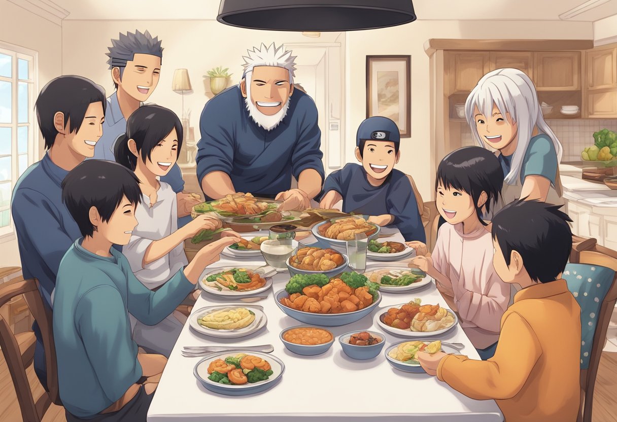 A family dinner scene, with Naruto sitting at the head of the table, surrounded by his family members, sharing laughter and bonding moments