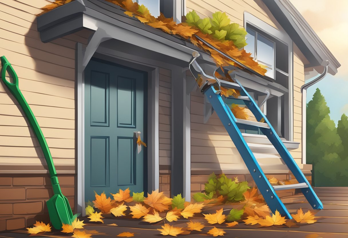 Gutters overflow with leaves and debris, causing water damage. A ladder and cleaning tools sit nearby, ready for maintenance