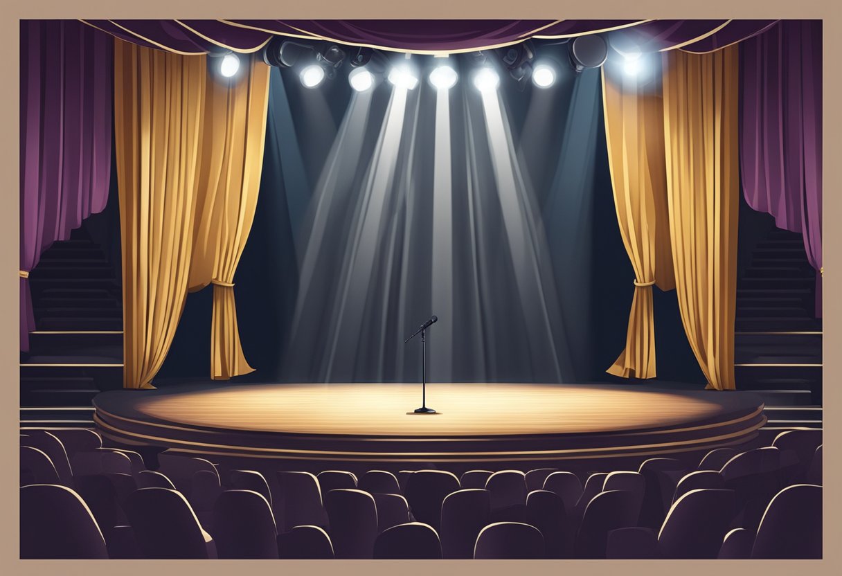 A spotlight shines on an empty stage, with a microphone stand at the center. The audience seats are filled with anticipation as the curtain rises