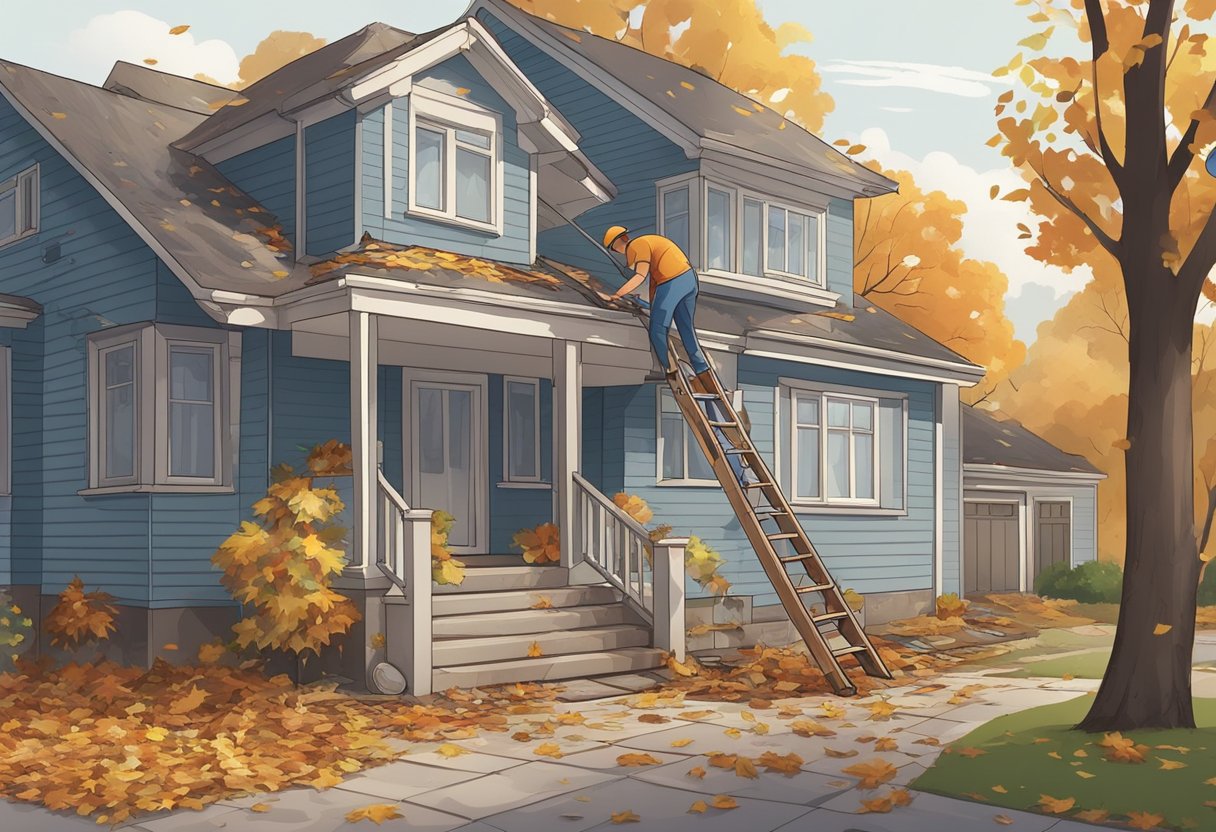 A ladder leans against a house, a person on the roof cleans out gutters with a scoop and bucket. Leaves and debris are scattered on the ground