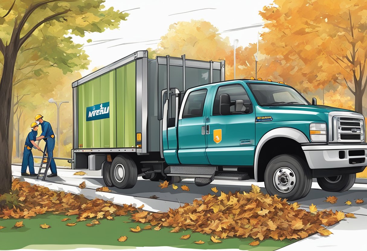 A technician stands on a ladder, clearing leaves and debris from a gutter. A truck with the company logo is parked nearby