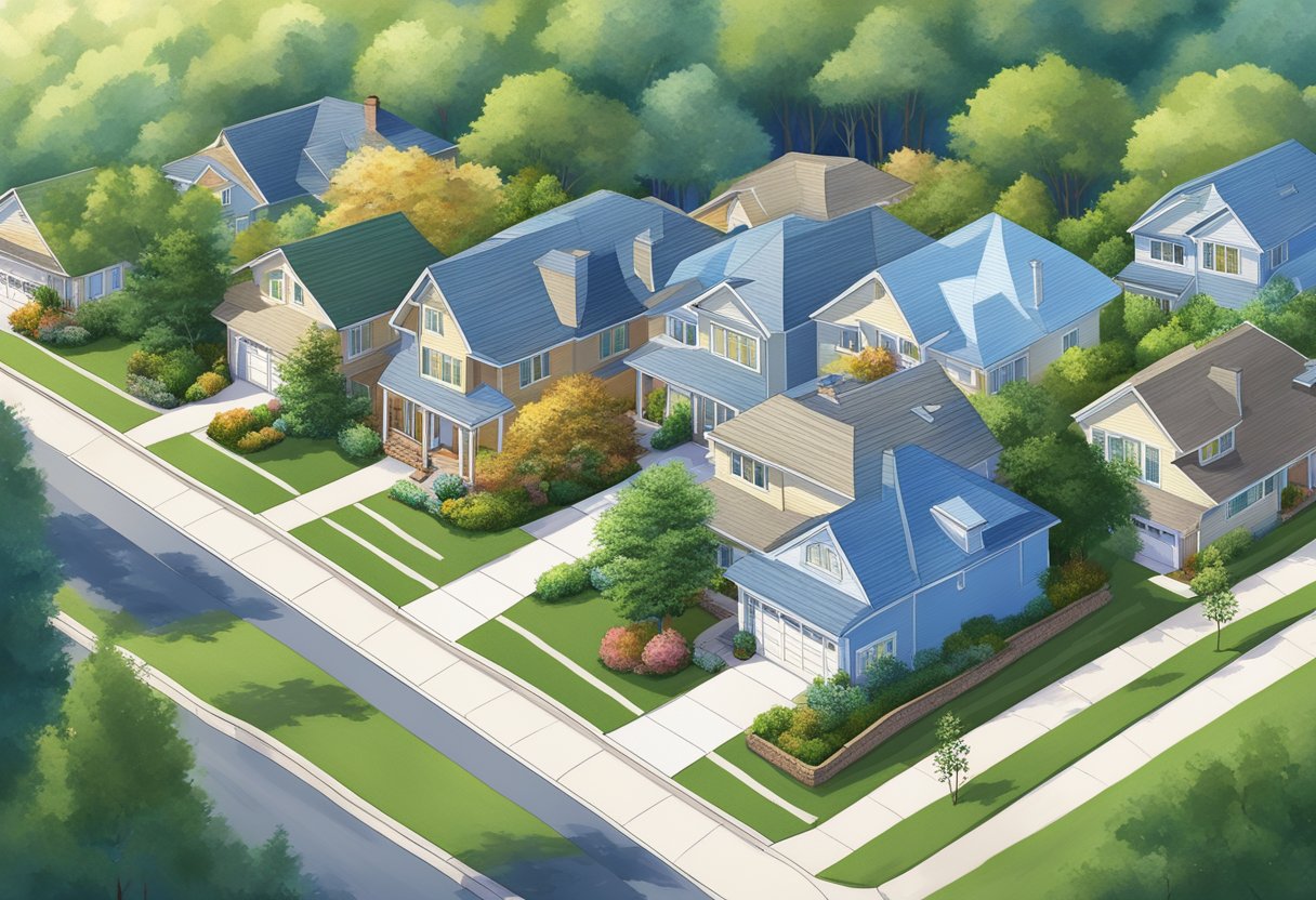 A serene suburban neighborhood with clean gutters, surrounded by lush greenery and clear blue skies